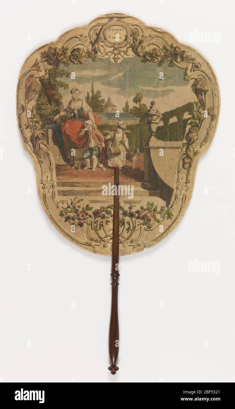 Fanfan et Colas. Obverse: Incisione colorata a mano di una donna con due ragazzi, uno ricco e uno povero, in un ambiente giardino, circondato da una cornice a scorrimento. Al contrario: Testo da 'Fanfan et Colas, Fable Iere, par l'Abbé Aubert.' Foto Stock