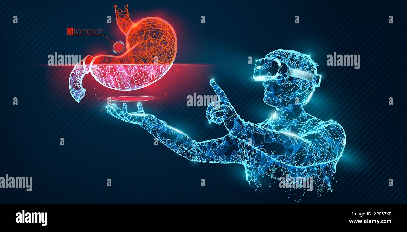 Banner vettoriale visore a reticolo VR. Uomo poligonale con occhiali per realtà virtuale, con olografica di stomaco. Diagnostica scientifica, analisi virtuale Illustrazione Vettoriale