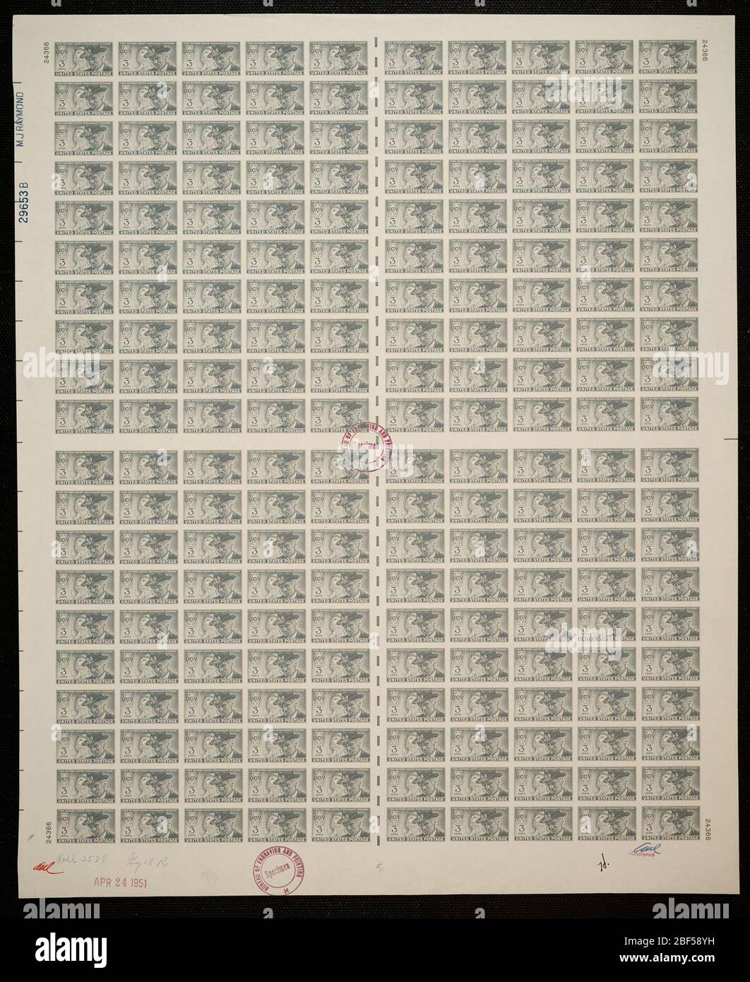 Prova della piastra di riunione finale dei veterani confederati 3c. Le bozze certificate sono l'ultima prova stampata della lastra prima di stampare i timbri presso l'Ufficio di incisione e stampa. Queste prove di targa sono uniche, con le firme e la data di approvazione. Foto Stock