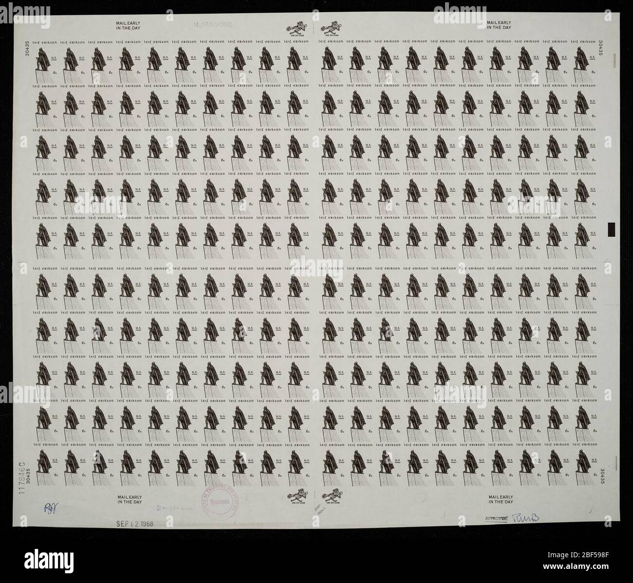 6c Leif Erikson a prova di piastra. Le bozze certificate sono l'ultima prova stampata della lastra prima di stampare i timbri presso l'Ufficio di incisione e stampa. Queste prove di targa sono uniche, con le firme e la data di approvazione. Foto Stock