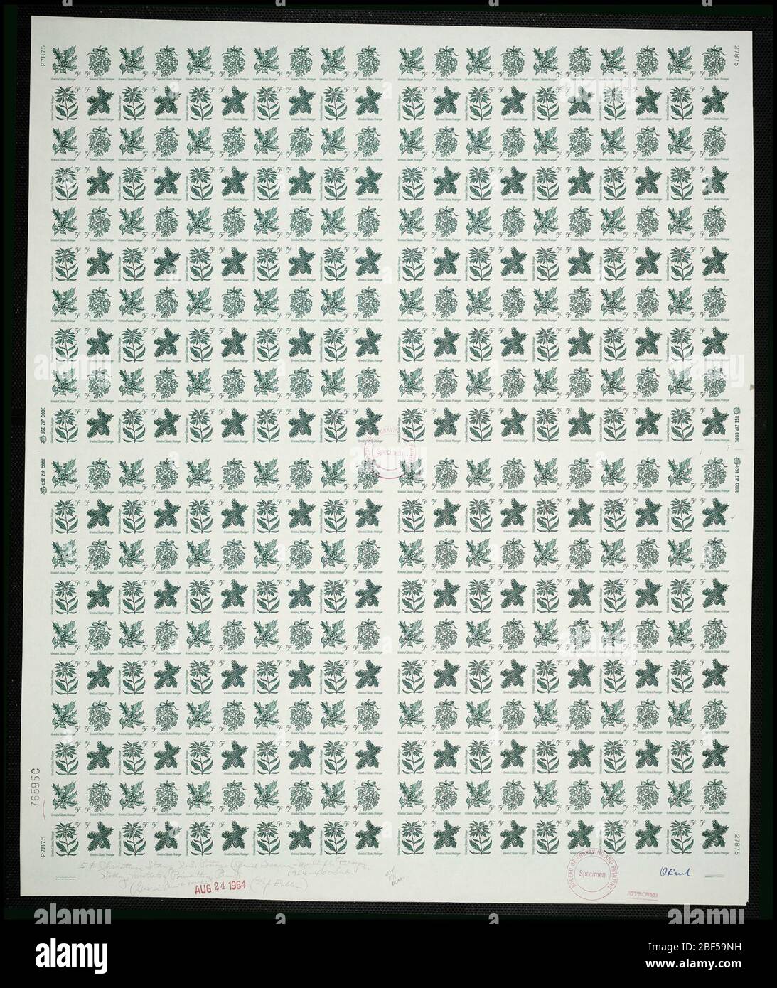 5c Holly Mistletoe Poinsettia ramoscello di Conifer piatto prova. Le bozze certificate sono l'ultima prova stampata della lastra prima di stampare i timbri presso l'Ufficio di incisione e stampa. Queste prove di targa sono uniche, con le firme e la data di approvazione. Foto Stock