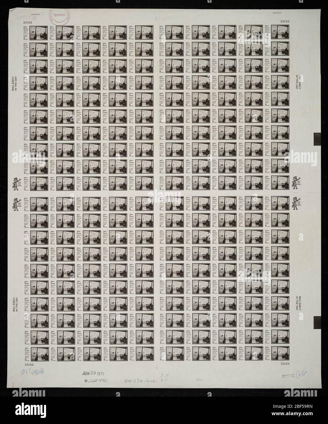 8c John Sloan Plate Proof. Le bozze certificate sono l'ultima prova stampata della lastra prima di stampare i timbri presso l'Ufficio di incisione e stampa. Queste prove di targa sono uniche, con le firme e la data di approvazione. Foto Stock