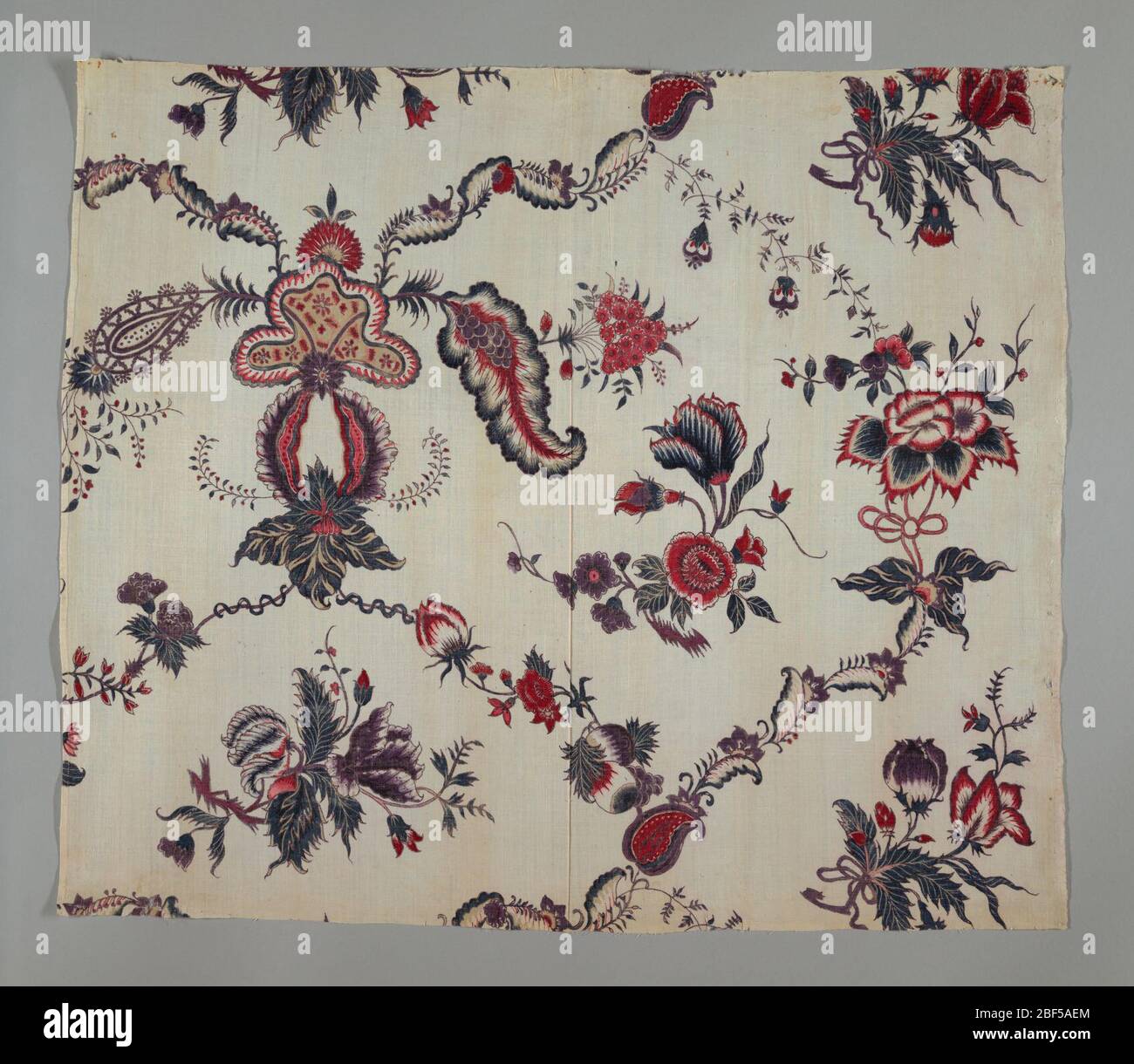 Chintz. Reticolo di diamante molto sciolto composto da piante e frutti fioriti, in nero, marrone, blu, viola, rosso e rosa su un terreno bianco. Foto Stock