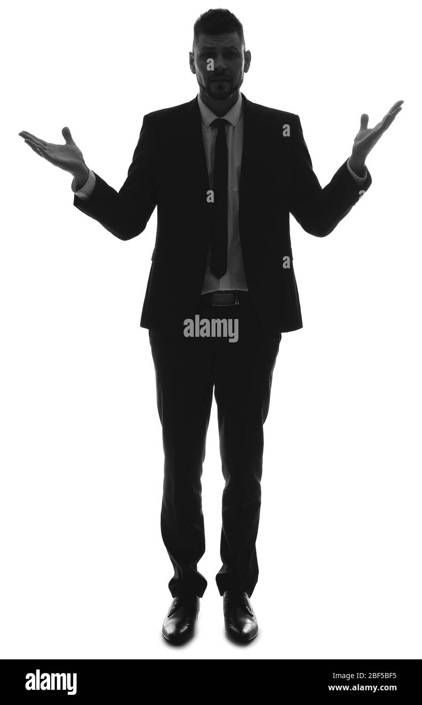 Silhouette di uomo d'affari indifeso su sfondo bianco. Concetto di scelta Foto Stock