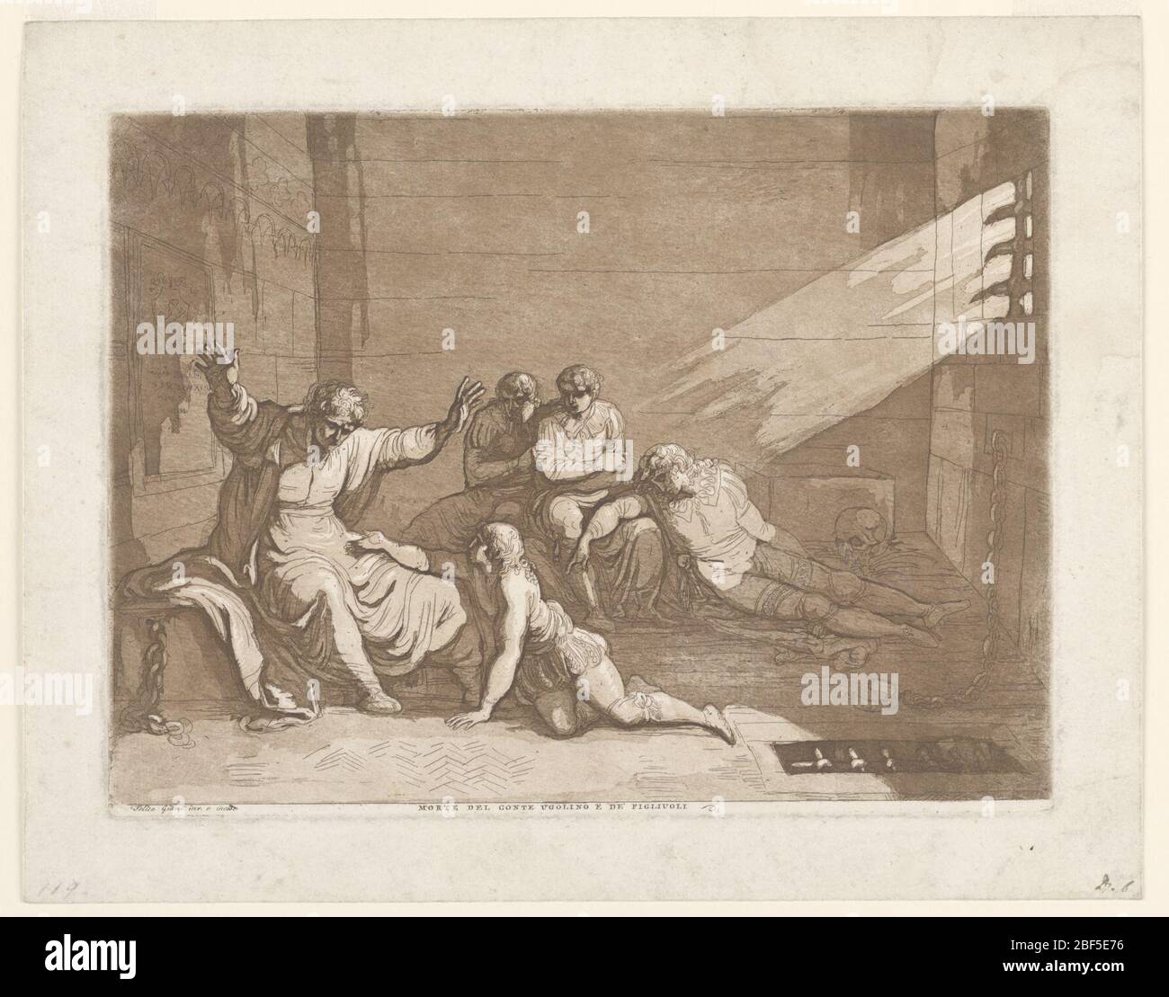 Conte Ugolino della Gherardesca con i suoi figli e nipoti in carcere. Scena della Divina Commedia di Dante Alighieri di un gruppo di figure all'interno di una cella di prigione. A sinistra, seduto, il conte Ugolino alza le mani, impotente. Il nipote più giovane si inginocchia davanti al nonno che prega per il cibo, il suo braccio teso. Foto Stock