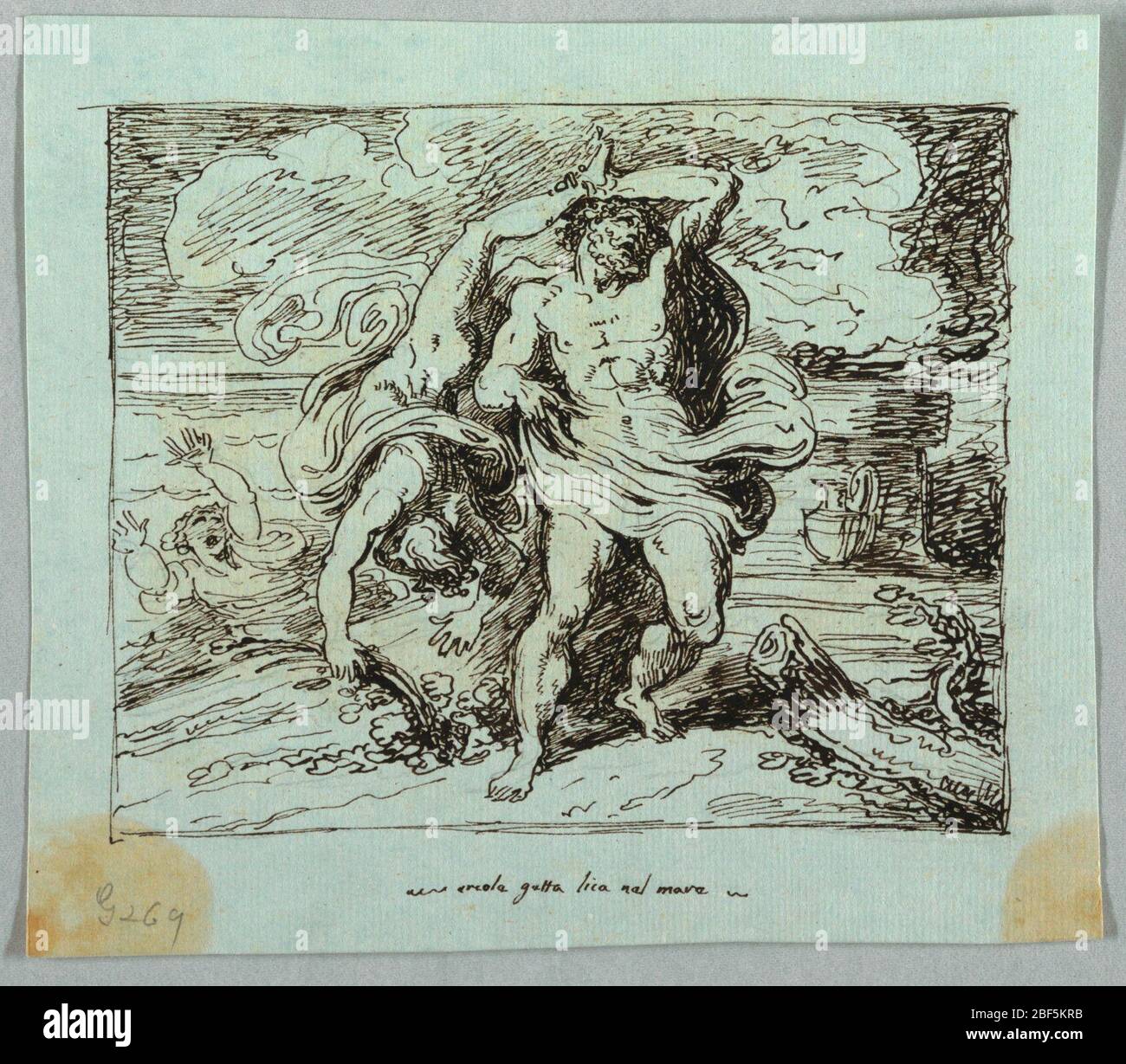 Hercules fa precipita i Licha nel mare. Altare mostrato in background. Mare a sinistra. Ninfa spaventata mostrata. Foto Stock