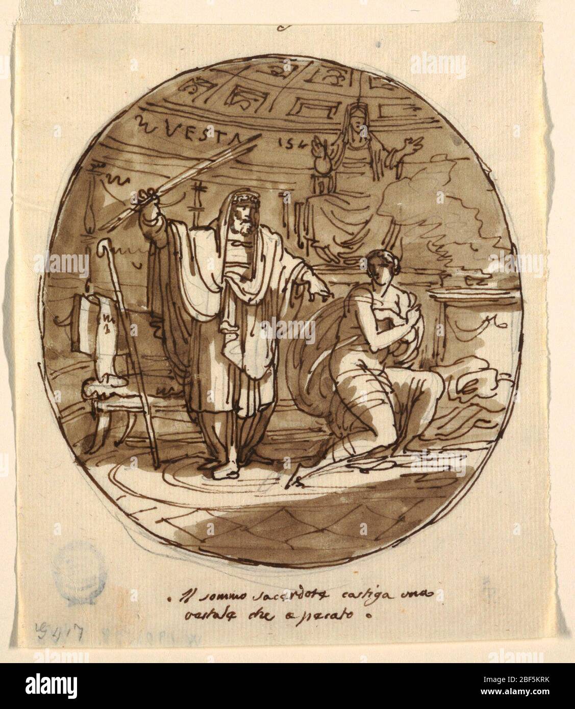 Il Sommo sacerdote punisce una Vestal Virgin Sala di Numa Pompilius Palazzo Milzetti Faenza. Il sacerdote superiore solleva il bastone sopra Vestal inginocchiato a destra; a sinistra, il suo staff si appoggia contro la sedia su cui giace il rotolo di carta. Statua di Vesta si erge sul retro. Foto Stock