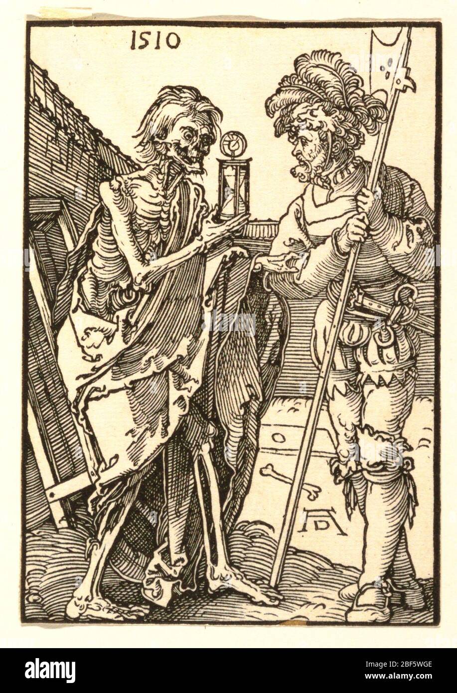 Morte e il Lansquenet. Due figure in piedi in primo piano all'interno di un bordo nero; a sinistra, il carattere della morte come uno scheletro in abiti, presenta il Lansquenet, a destra, con una clessidra. Datato 1510 in alto a sinistra, firmato 'ad' in basso a destra. Foto Stock