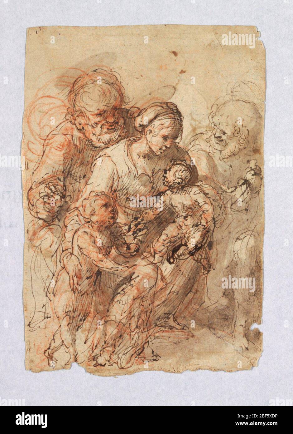 La Sacra Famiglia e San Giovanni. Su Cristo oscuro è seduto sul ginocchio sinistro della Vergine e San Giovanni, raffigurato come un bambino, si trova sulla sua gamba destra. San Giuseppe è raffigurato due volte dietro la Vergine. Al contrario tre schizzi di Europa sulla bull. Foto Stock