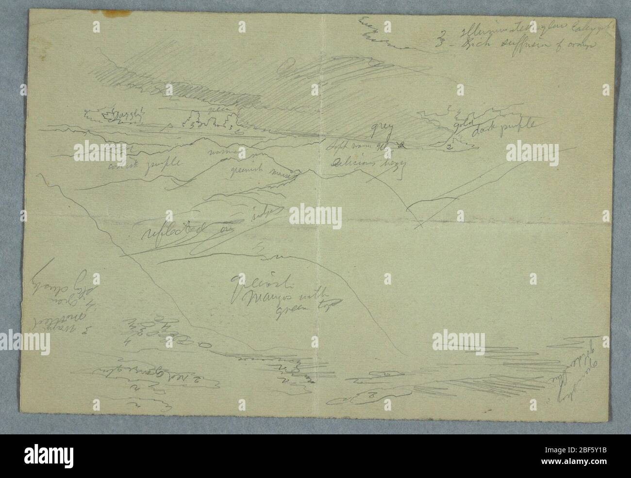 Schizzo di cielo nuvoloso sulle montagne e un cielo con le nuvole Giamaica. Recto: Vista orizzontale che mostra un cielo nuvoloso sulle catene montuose e in basso, disegnata nella direzione opposta, un cielo con nubi.verso: Cielo con nubi in alto a sinistra, più nubi in basso a sinistra, e una ragazza seduta un uomo seduto mostrato dal retro, con il Foto Stock