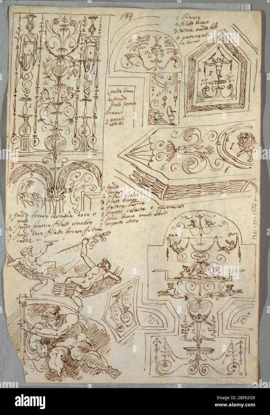 Sei Studi decorativi Studio anatomico verso. Sei studi decorativi che mostrano divisori con putti e ghirlande; allegoria del tempo. Verso: Studio anatomico del braccio destro; fregio di Nereid e Triton. Foto Stock
