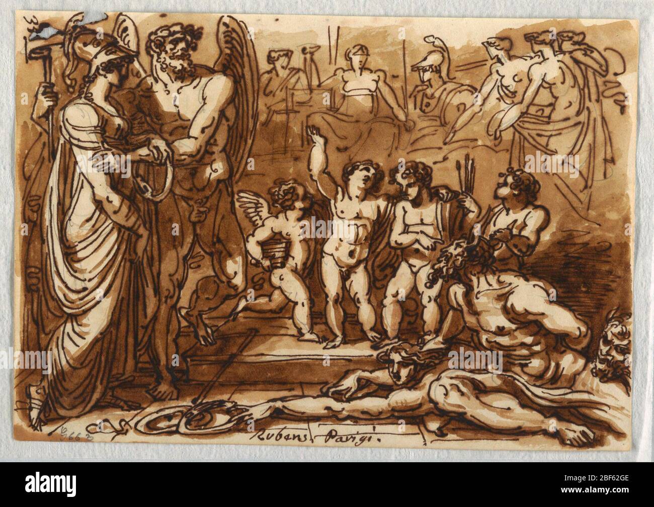 Minerva e un dio alato. Minerva in piedi a sinistra con figura maschile alata; quattro putti con due prigionieri al centro; testa satyr all'estrema destra, e sei figure disegnate in distanza. Foto Stock