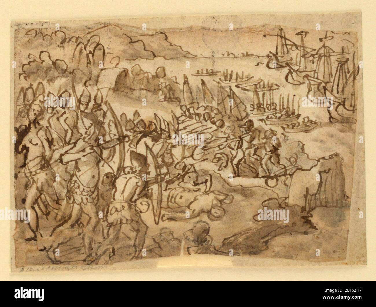 Conquista delle Isole Filippine disegno preliminare per la pittura a grisille realizzato da Stradanus figlio Scipione per le ossequie in memoria di Filippo II di Spagna tenutosi a San Lorenzo a Firenze il 12 novembre 1598. Le isole Filippine sono in primo piano a sinistra e al centro di tiro i loro archi. Il fuoco di battaglia degli spagnoli con le pistole è nel centro giusto. Una baia con barche di atterraggio e cinque grandi navi è sulla destra e centrale posteriore. Foto Stock