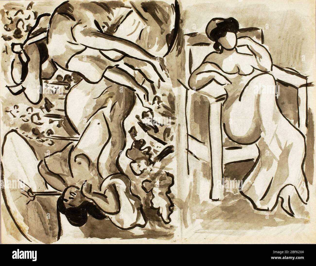 Due Donne in un giardino una donna seduta. Foto Stock