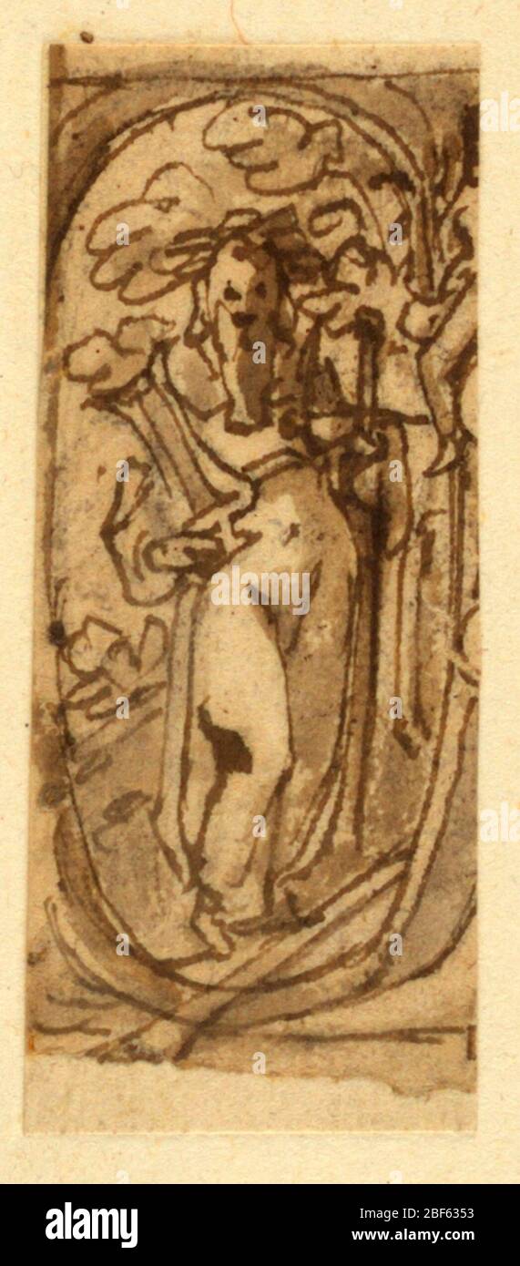 Pagina del libro di sci con Omero. Rettangolo verticale. Probabilmente un frammento di una pagina del titolo. Omero è mostrato in piedi, e incoronato da una corona. Portava lira e spada. Incorniciato da un nastro ovoidale. Parte di un corpo umano visibile a destra. Foto Stock