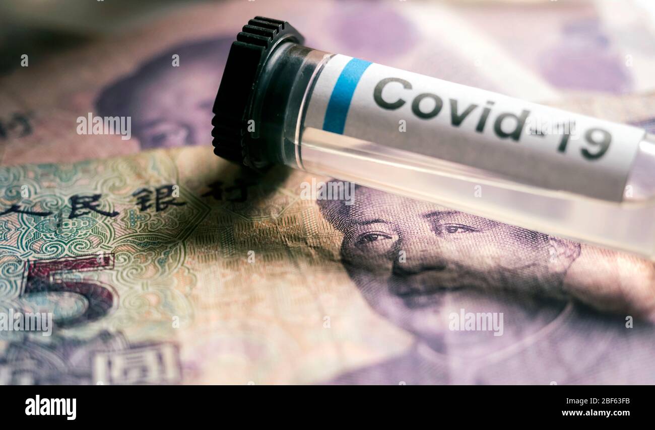 Coronavirus su banconote cinesi, immagine concettuale Foto Stock