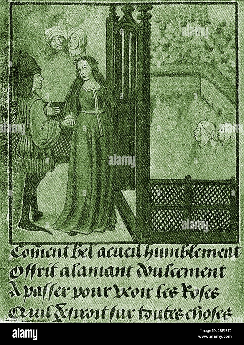 Una storica illustrazione allegorica francese della reception (benvenuto) di Bel Acueil (Fair Welcome) Foto Stock