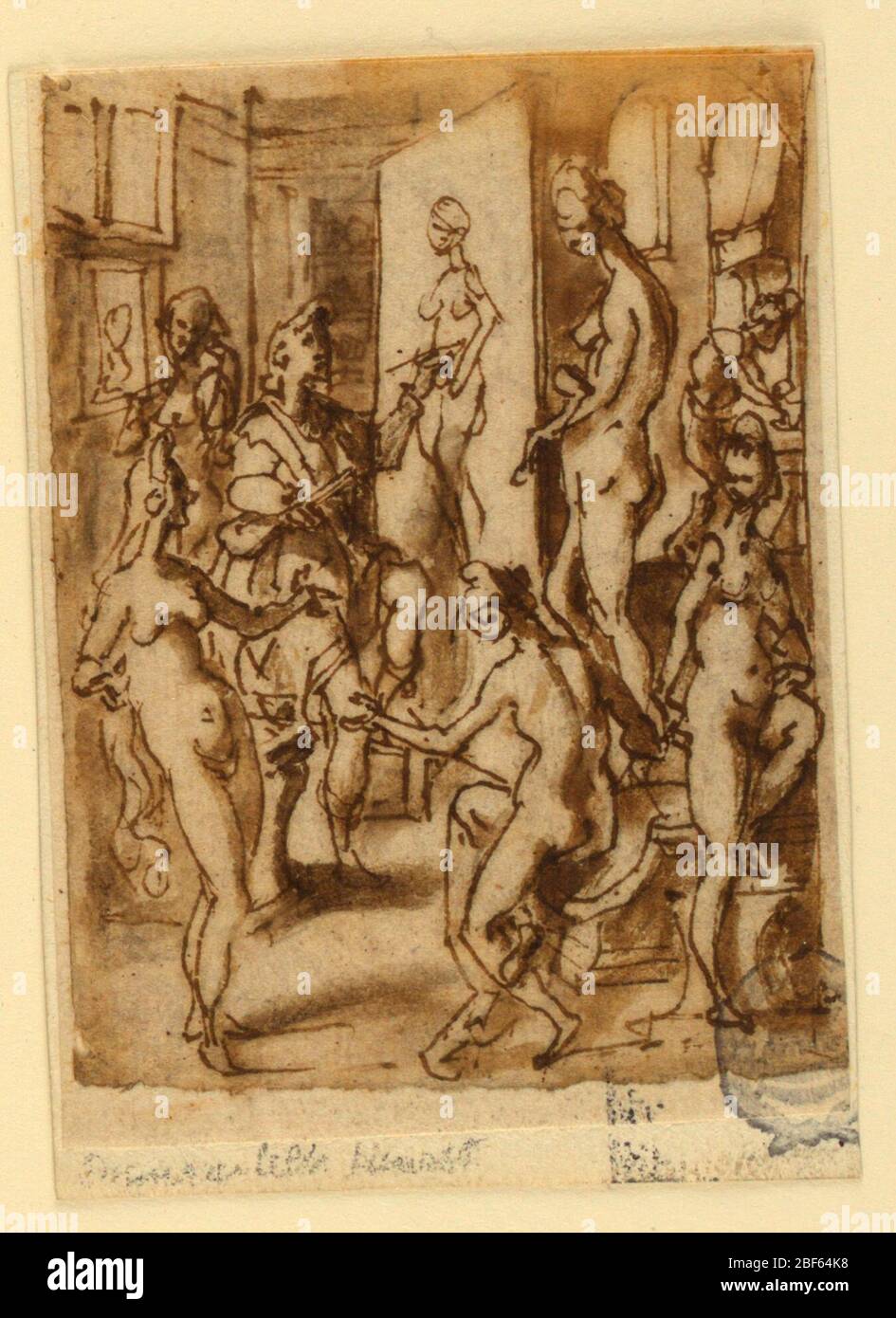 ZEUXIS pittura Helen. Rettangolo verticale. Una delle ragazze si trova dietro Zeuxis; tre sono in primo piano. Uno con i capelli estremamente lunghi parla alla ragazza che posa, così fa un altro. Mostrato dalla parte posteriore e seduto su un gradino della piattaforma. Foto Stock