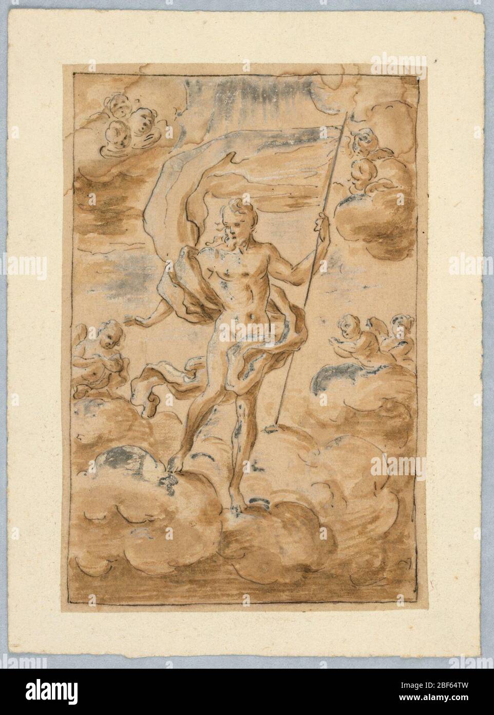 Cristo risorto. Il Cristo risorto regge un vessillo, circondato da nuvole e angeli. Foto Stock