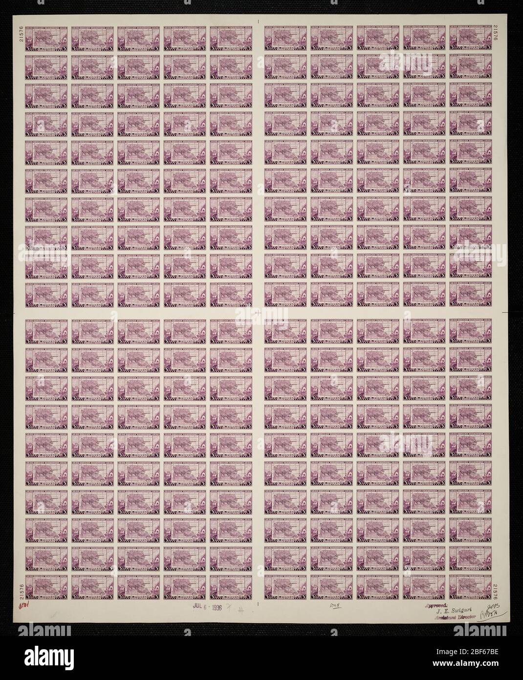 3c Oregon Territory a prova di piastra. Le bozze certificate sono l'ultima prova stampata della lastra prima di stampare i timbri presso l'Ufficio di incisione e stampa. Queste prove di targa sono uniche, con le firme e la data di approvazione. Foto Stock