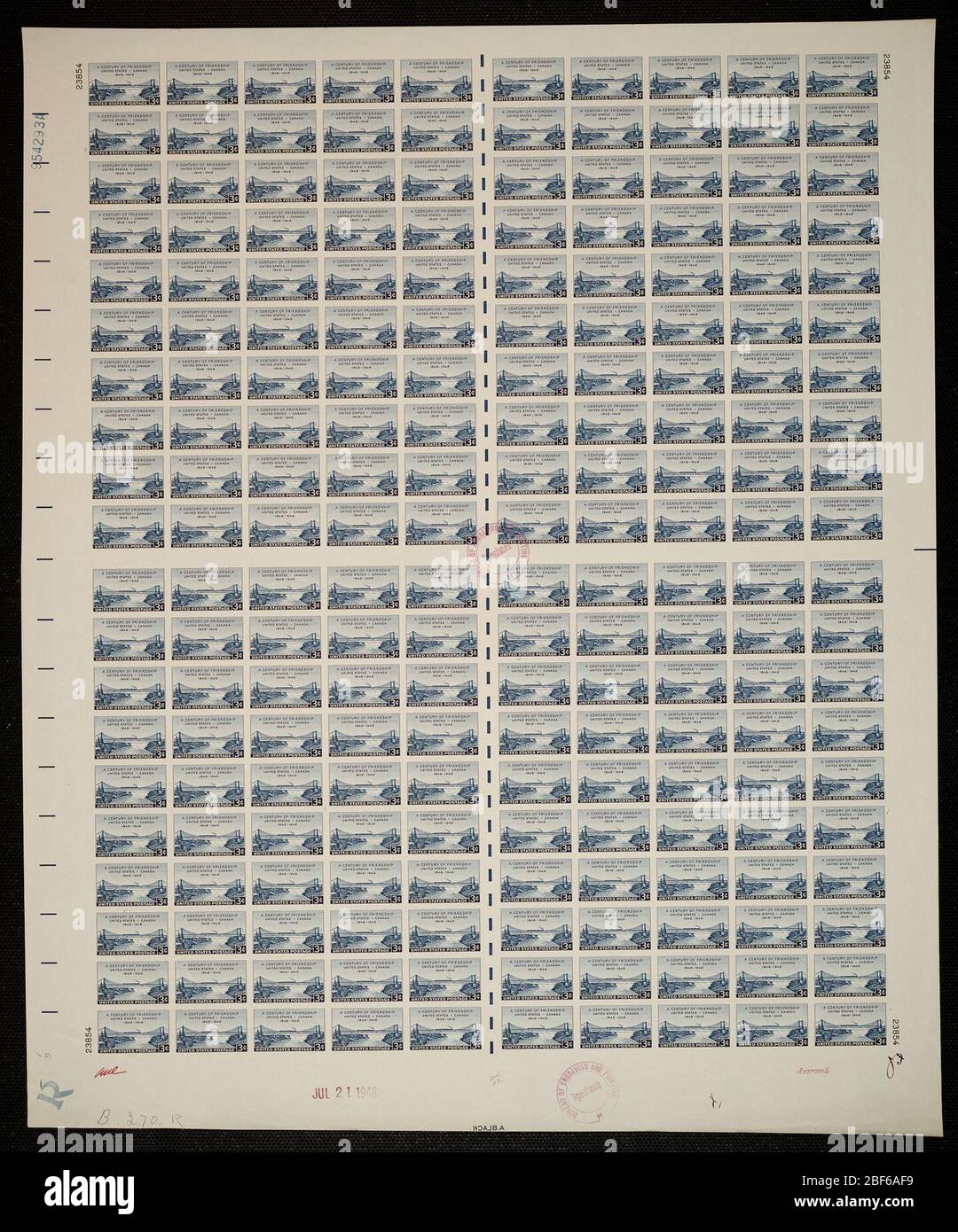 3c United StatesCanada a prova di targhetta di amicizia. Le bozze certificate sono l'ultima prova stampata della lastra prima di stampare i timbri presso l'Ufficio di incisione e stampa. Queste prove di targa sono uniche, con le firme e la data di approvazione. Foto Stock