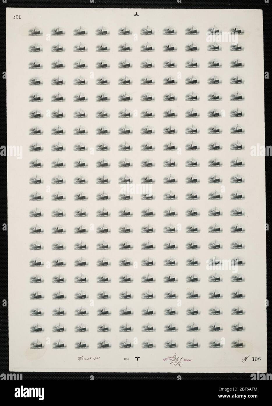 10c Panamericana Fast Ocean Navigation a prova di piastra di vignettatura. Le bozze certificate sono l'ultima prova stampata della lastra prima di stampare i timbri presso l'Ufficio di incisione e stampa. Queste prove di targa sono uniche, con le firme e la data di approvazione. Foto Stock