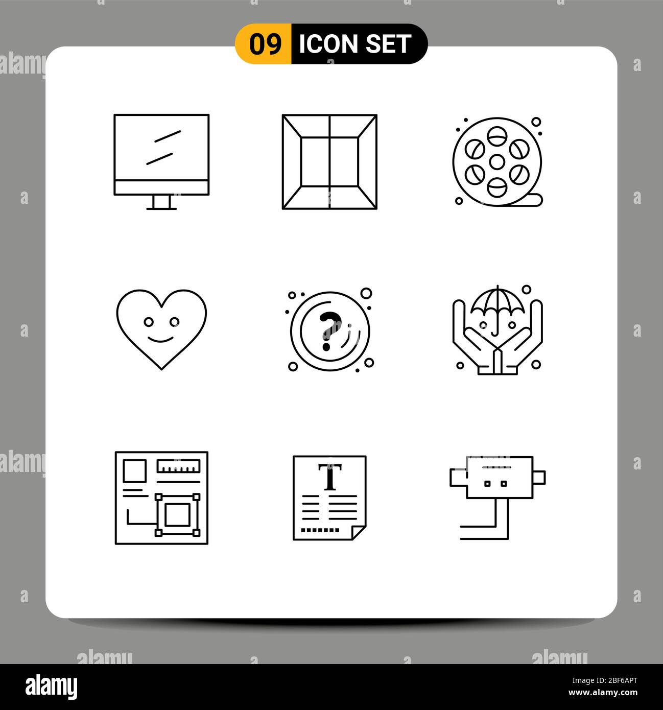 Set di 9 Commercial Outlines Pack per informazioni, domande, arti, marchi, elementi di progettazione vettoriale Happy Editable Illustrazione Vettoriale