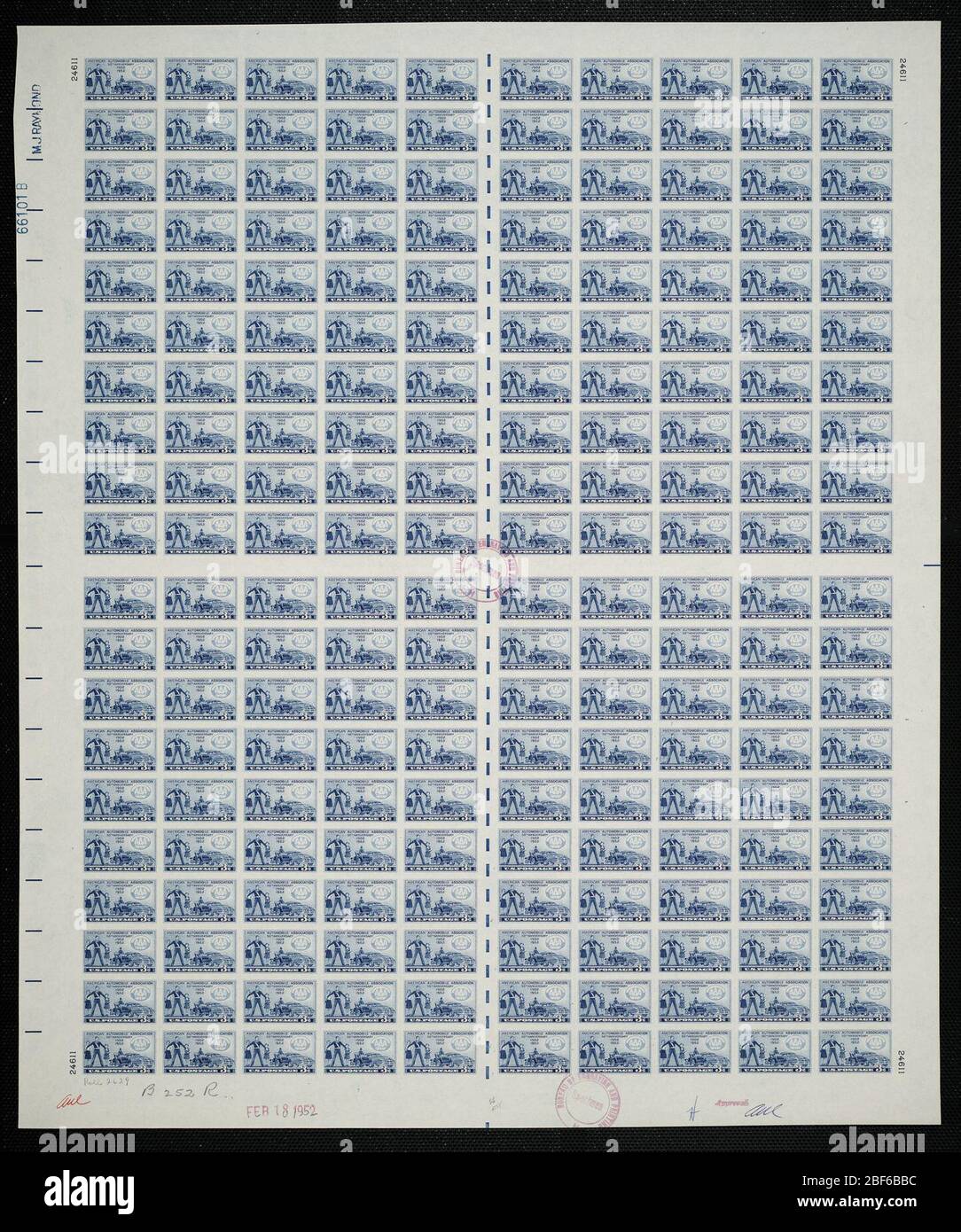 Prova della targhetta dell'American Automobile Association 3c. Le bozze certificate sono l'ultima prova stampata della lastra prima di stampare i timbri presso l'Ufficio di incisione e stampa. Queste prove di targa sono uniche, con le firme e la data di approvazione. Foto Stock