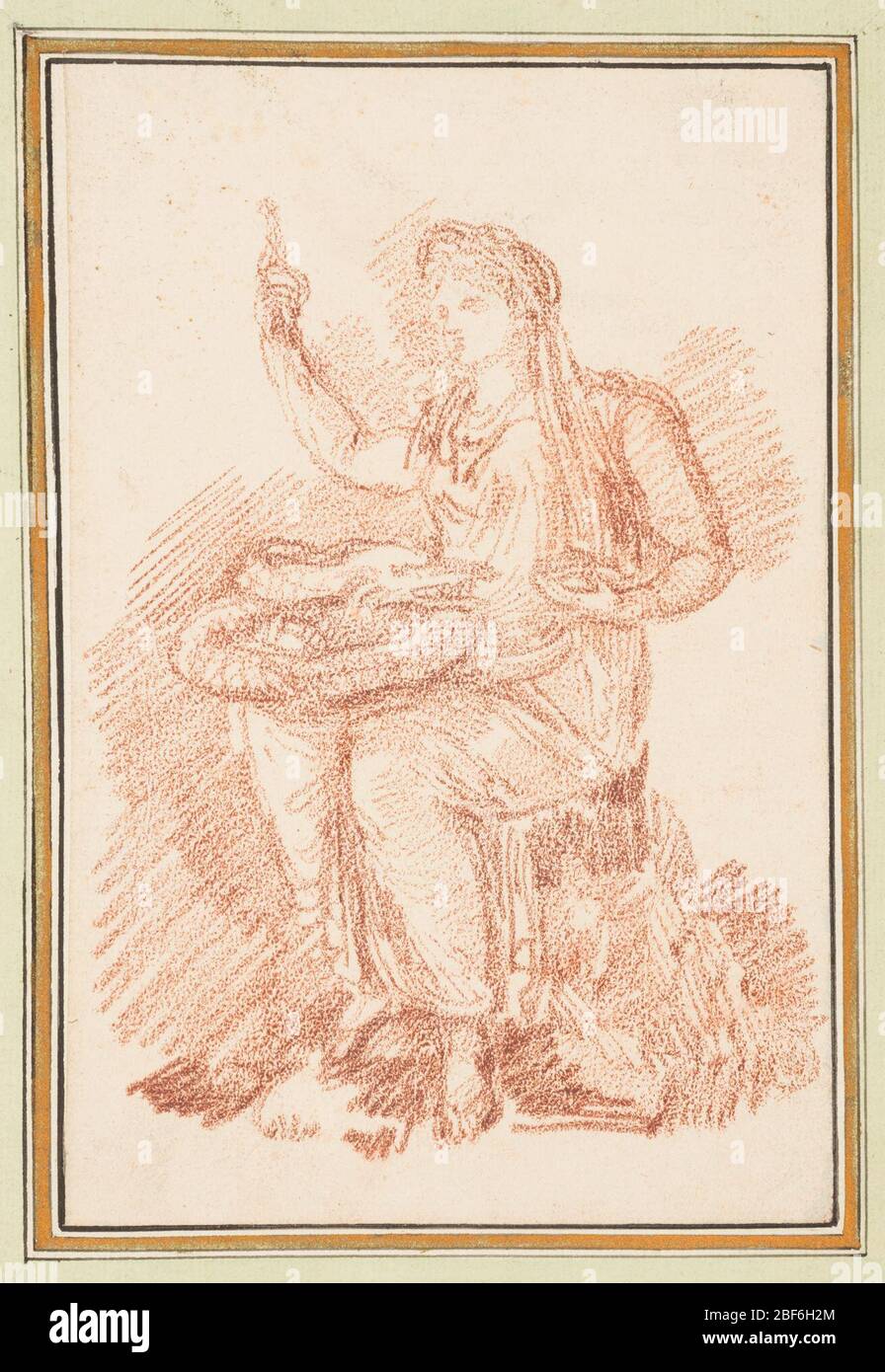 Minerva Giustiniani. Disegno di Minerva Giustiniani della Collezione Giustiniani. La dea Minerva è seduta con un serpente a spirale in grembo. Ha un'acconciatura romana e la testa, e tiene qualcosa tra le dita della sua mano destra sollevata. Foto Stock