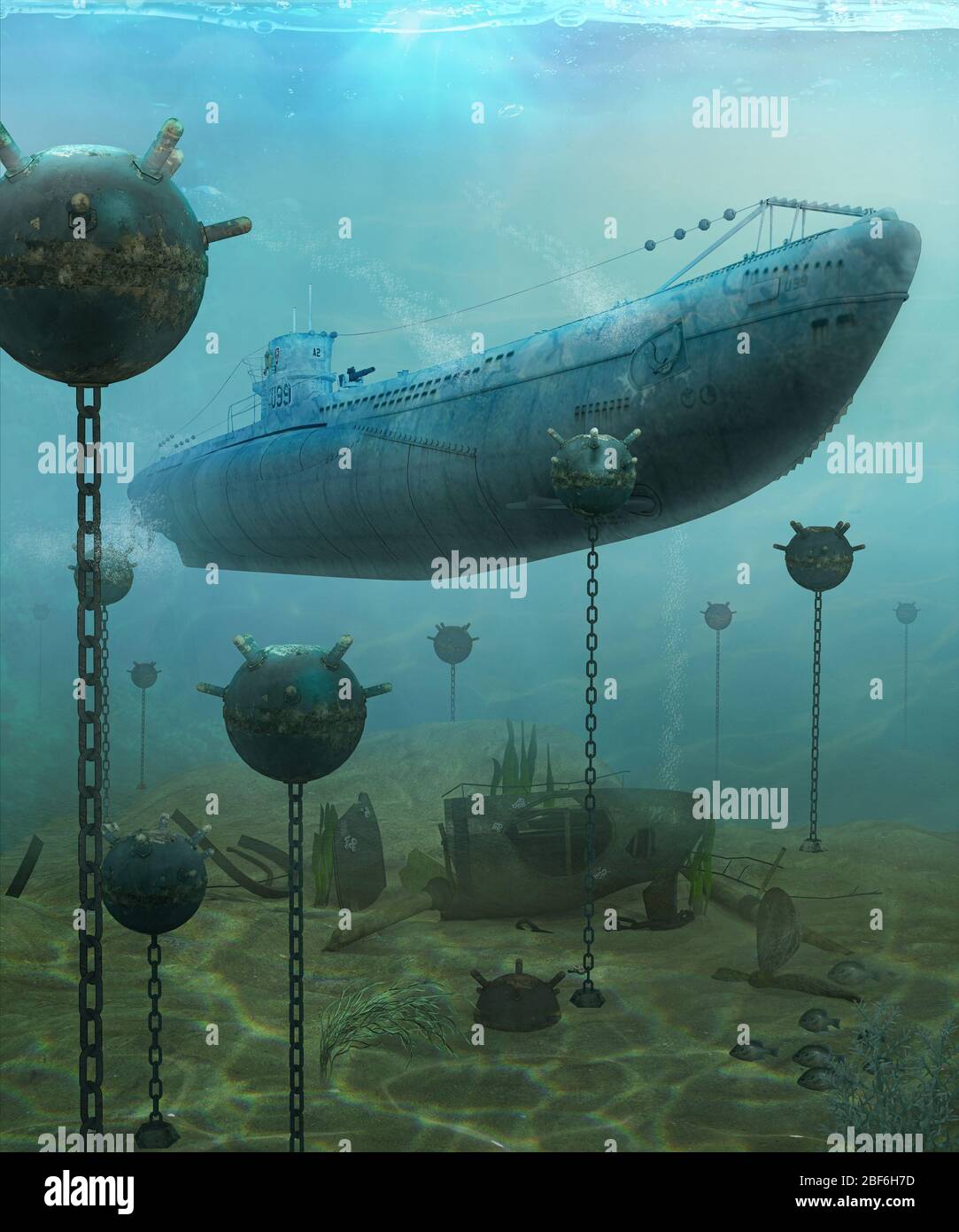 Sottomarino tedesco della seconda guerra mondiale u-boat navigazione attraverso un esplosivo campo marino sottomarino, rendering 3d Foto Stock