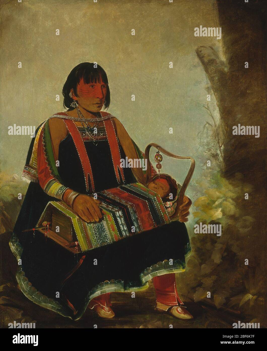 Jahksgaw Donna con suo Bambino in una culla. George Catlin descrisse questo lavoro come "il ritratto di una donna di Chippeway.. Con il suo bambino nel suo presepe o culla. [l'ombelico] appeso davanti al viso del bambino per il suo soprannaturale protettore.. Foto Stock
