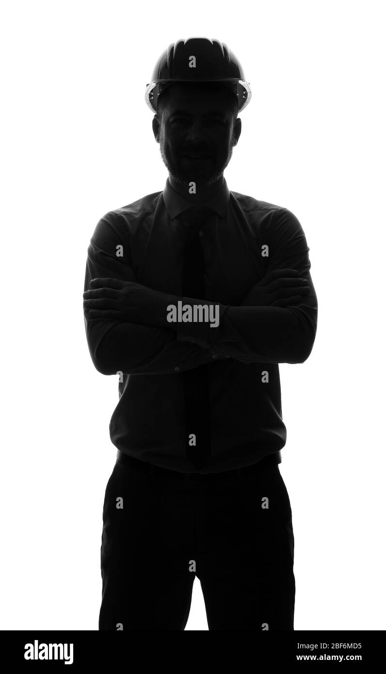 Silhouette di ingegnere maschile su sfondo bianco Foto Stock