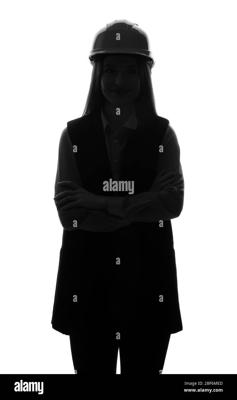 Silhouette di ingegnere femminile su sfondo bianco Foto Stock
