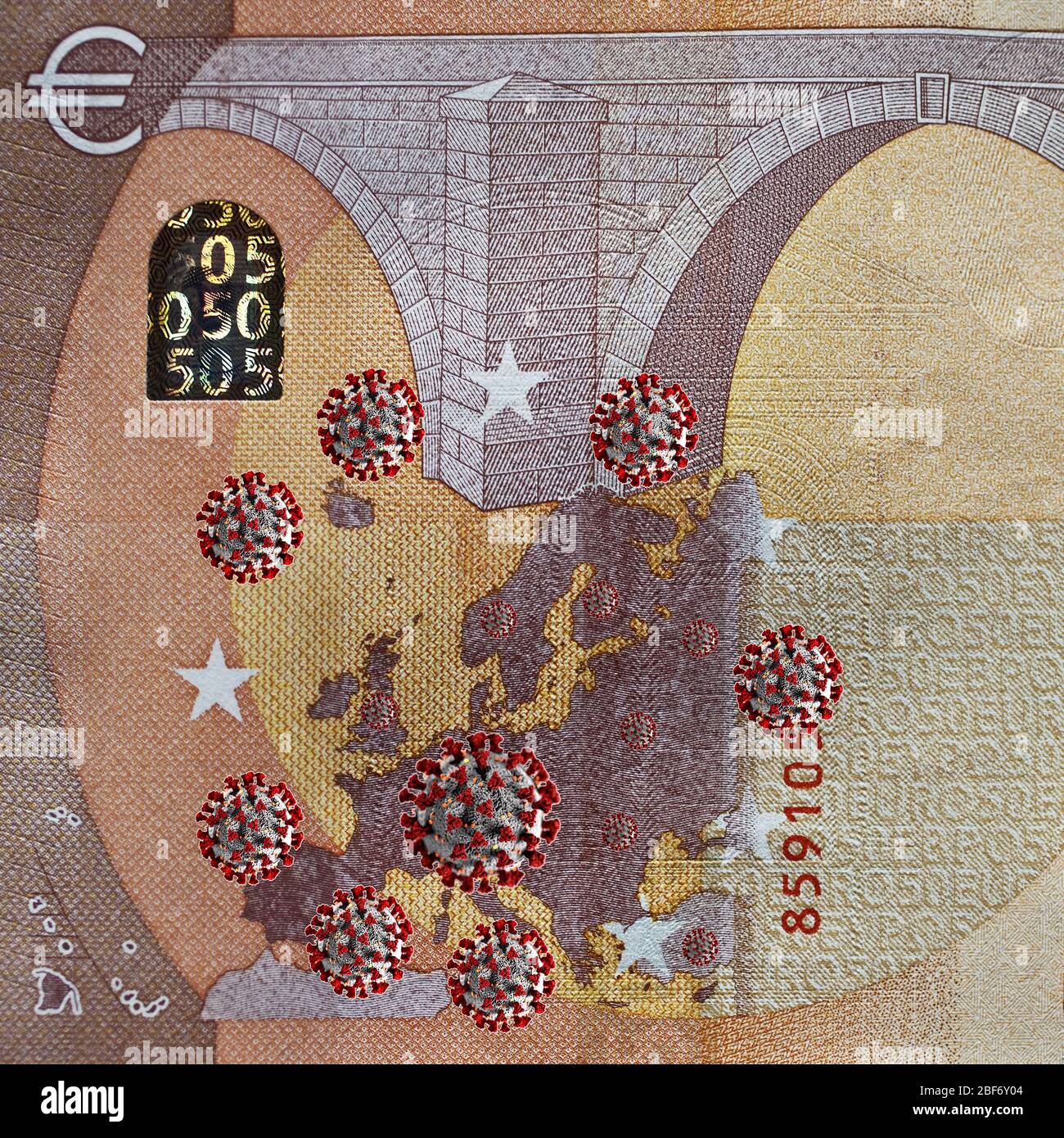 50 Euro fattura con Corona virus, composizione, Europa Foto Stock