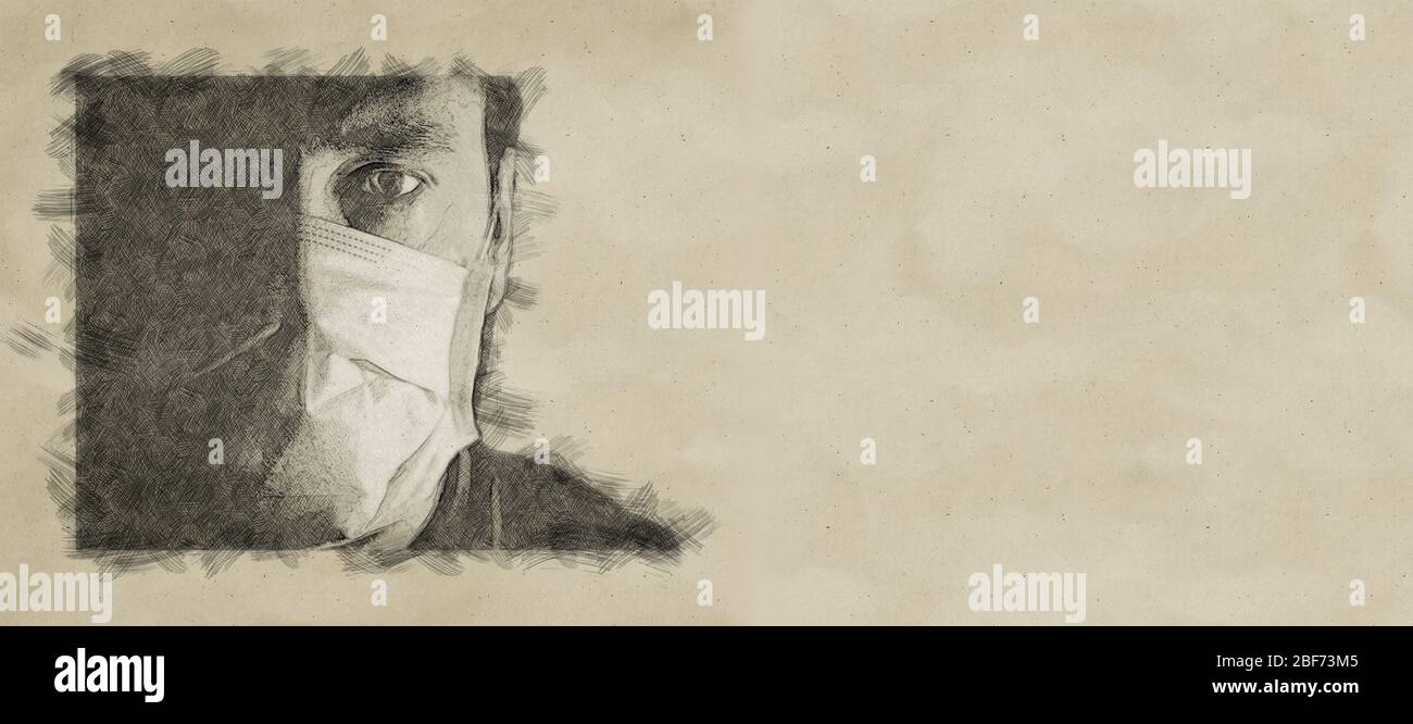ritratto digitale di un uomo in maschera medica in chiave bassa. una tragedia mondiale. Avvertenza pandemica del virus COVID-19. Foto Stock