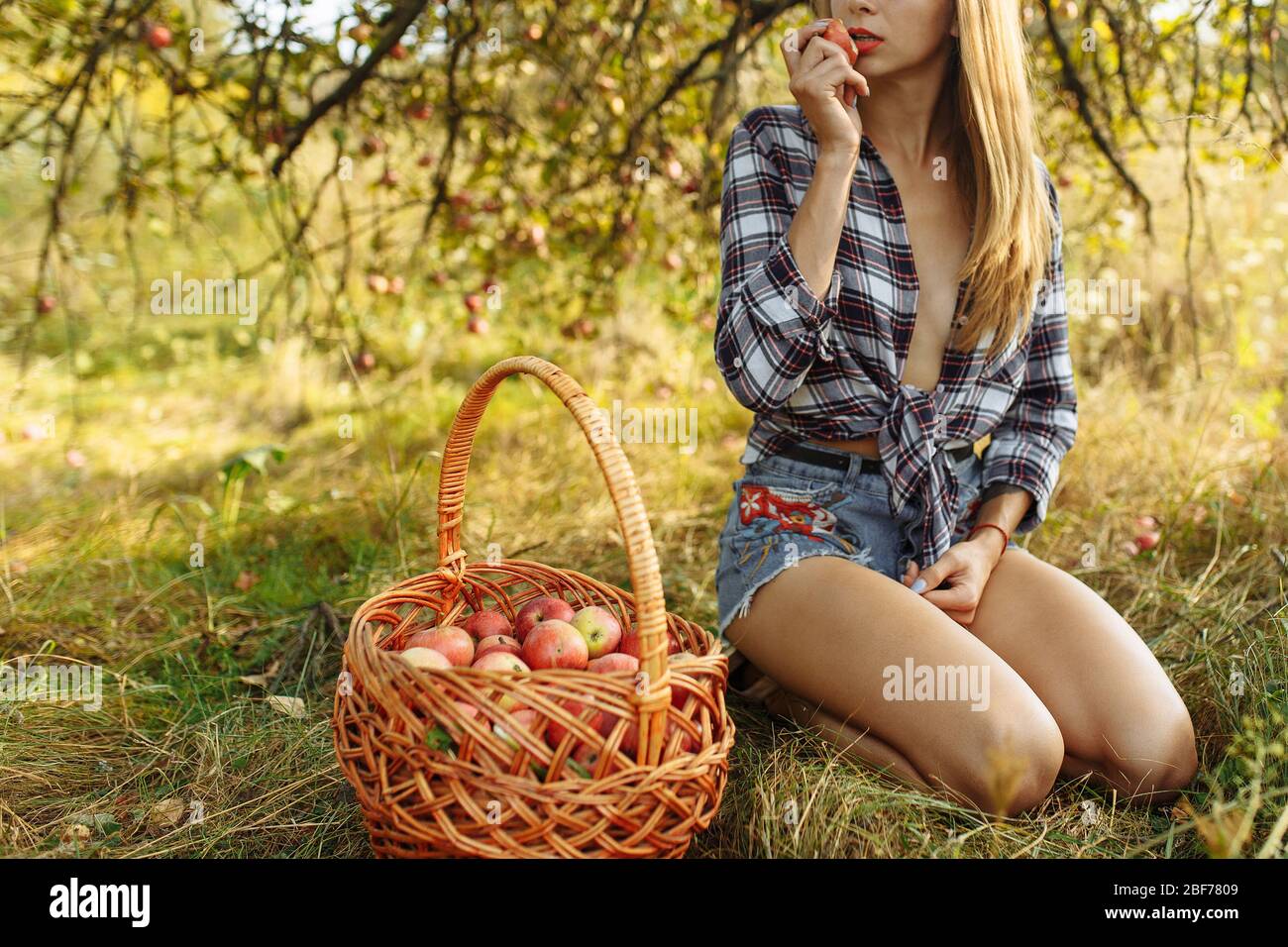 Ragazza seduta sull'erba vicino al cesto di mele e mordere una mela Foto Stock