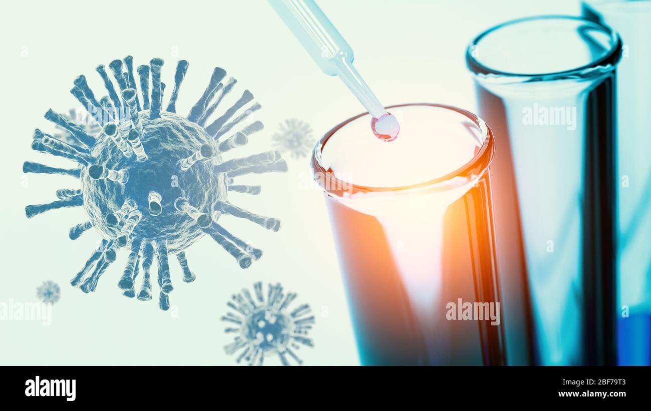 Chiudere la pipetta facendo cadere il campione di soluzione blu nella provetta in laboratorio con la ricerca di Coronavirus. Ricerca scientifica e nanotecnologia biolo Foto Stock
