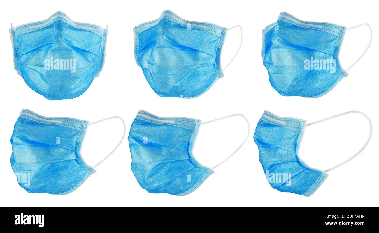 Set raccolta di maschera blu per la polvere del viso respiratore medico isolato su sfondo bianco. Protezione da coronavirus Covid-19 pandemia Foto Stock