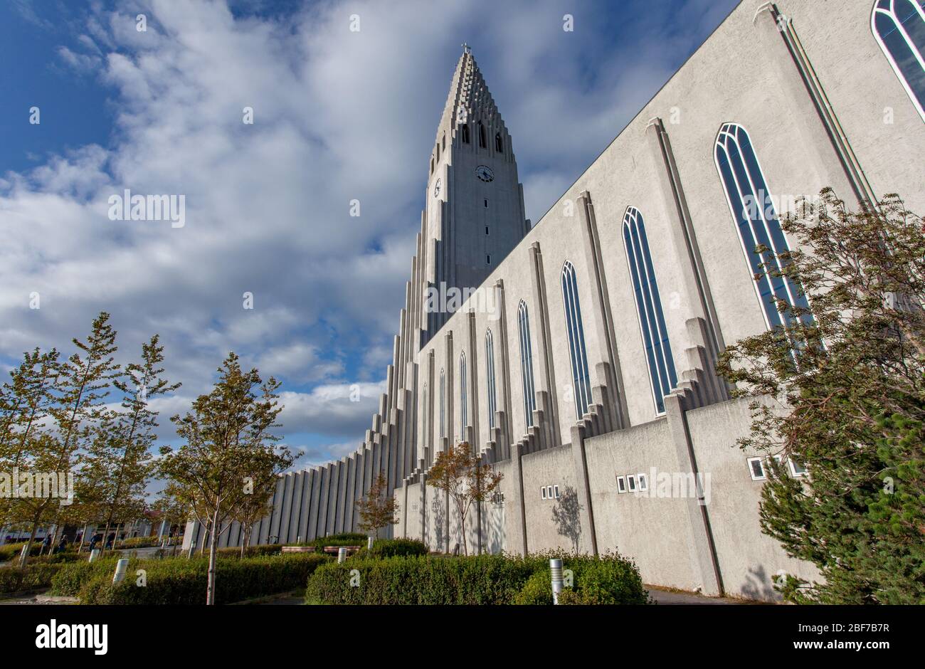 La torre e il corpo di Hallgrímskirkja in Reykjavík illuminato dalla luce del sole, con alberi verdi in primo piano e un cielo blu parzialmente nuvoloso Foto Stock