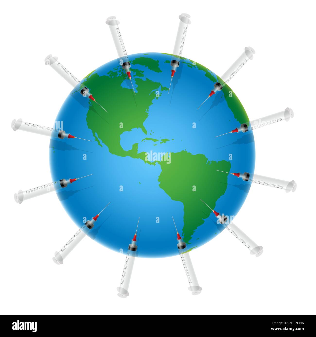 Vaccinazione di massa, campagna di immunizzazione globale di grandi farmacocon siringhe e terra planetaria, che assomiglia al simbolo del coronavirus. Foto Stock