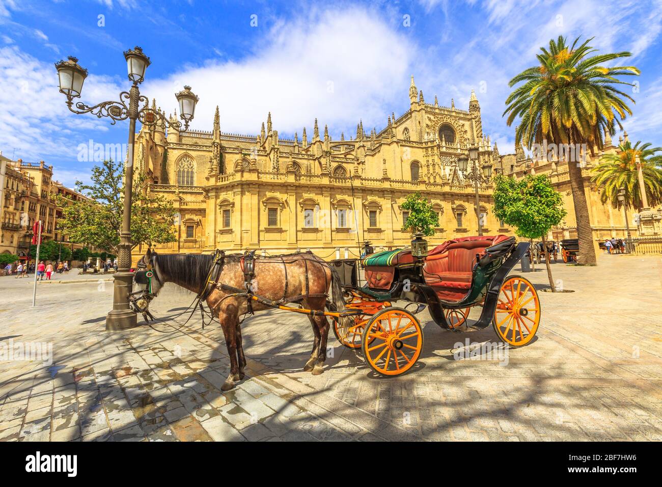 Il cavallo spagnolo parcheggiato di fronte alla Cattedrale di Siviglia, una cattedrale cattolica romana e la più grande chiesa gotica, è una delle attrazioni turistiche di Foto Stock