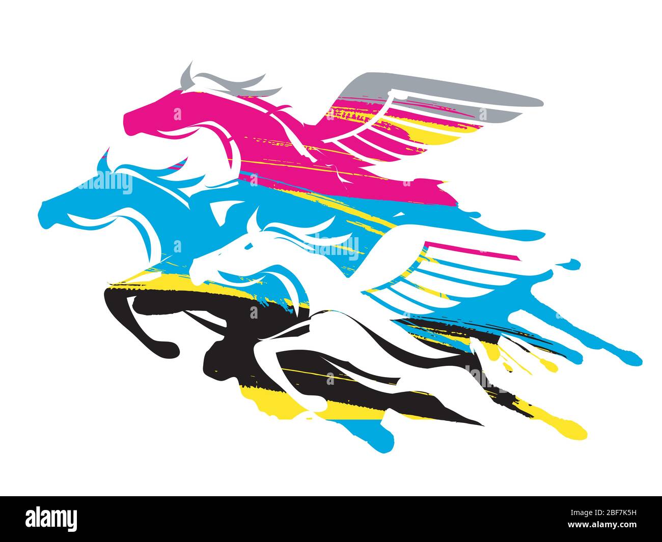 Tre cavalli alati, colori cmyk. Illustrazione colorata dei cavalli a piena velocità. Concetto per la presentazione della stampa a colori. Vettore disponibile. Illustrazione Vettoriale