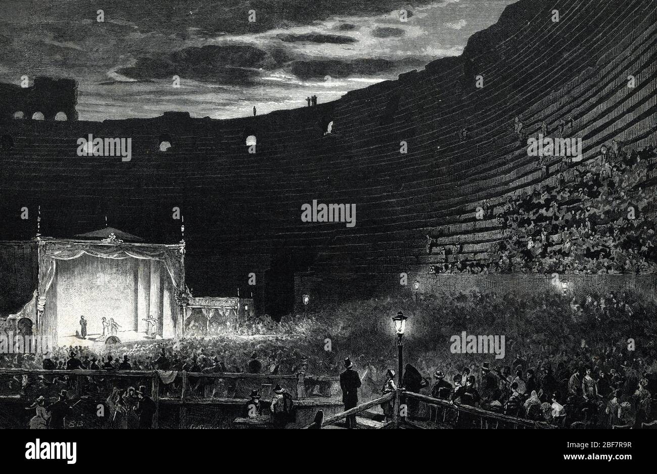 Vue d'un spettacolo organizzare dans l'arena (anfiteatro ou arene) de Verone, Italie 19eme siecle (Vista dell'Arena di Verona durante una rappresentazione estiva 1 Foto Stock