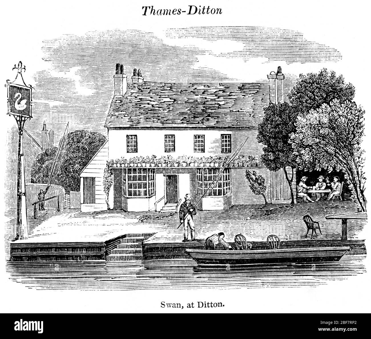 Un'incisione del cigno (ora Ye Olde Swan) a Thames Ditton scansionata ad alta risoluzione da un libro angling stampato nel 1825. Creduto libero di copyright Foto Stock