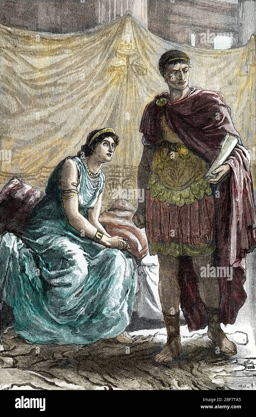 Rencontre de la reine d'Egypte Cleopatre VII (69 avant JC-30 avant JC) et d'Octavien (puis Auguste) (63 avant JC-19 apres JC) (incontro della regina Cleopa Foto Stock