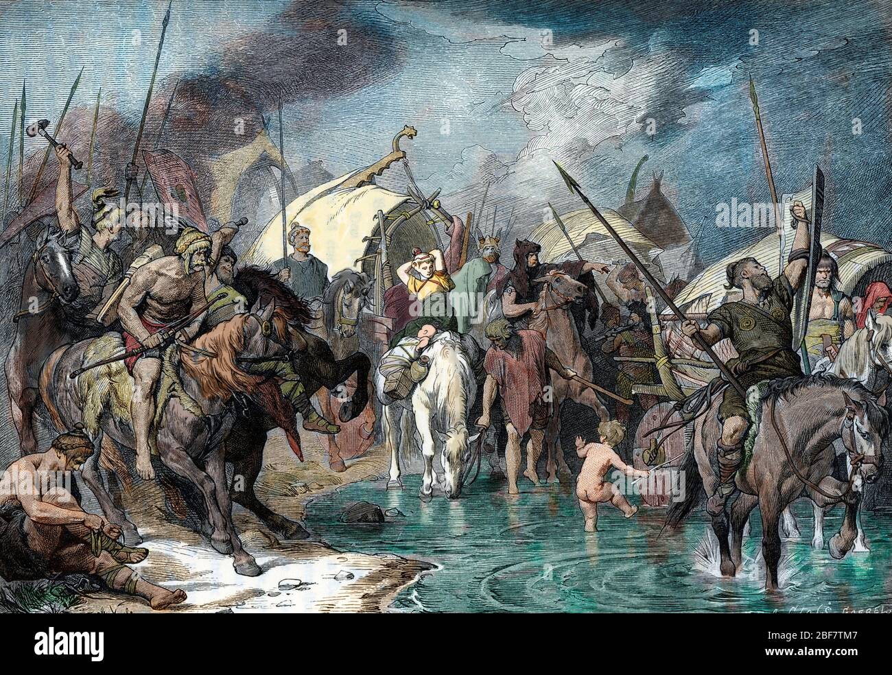 Familles germaniques en voyage lors de la grande periode des migrations (invasions barbare) 3eme-5eme siecle (Migration period, Volkerwanderung, germ Foto Stock