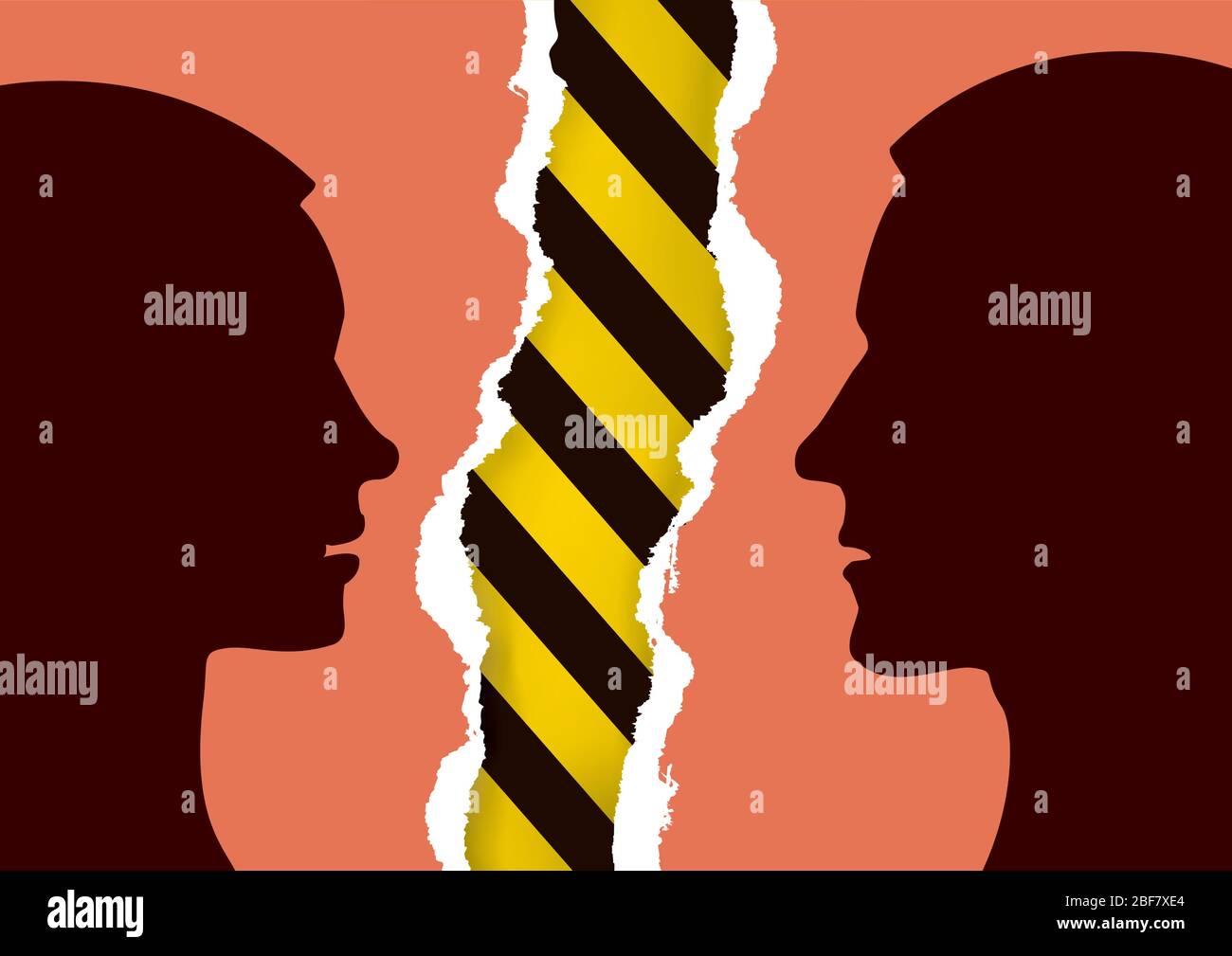 Coppia divorziata, relazione pericolosa, concetto. Carta strappata con silhouette stilizzate uomo e donna e sotto il segno della costruzione. Vettore disponibile. Illustrazione Vettoriale