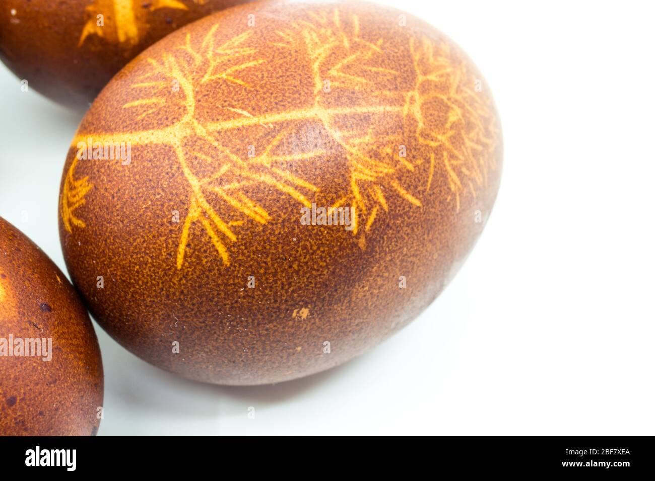 Modo tradizionale di tintura dell'uovo di pasqua. Negativo di foglie di piccola pianta su guscio d'uovo tinto con cipolla rossa, Ungheria. Foto Stock