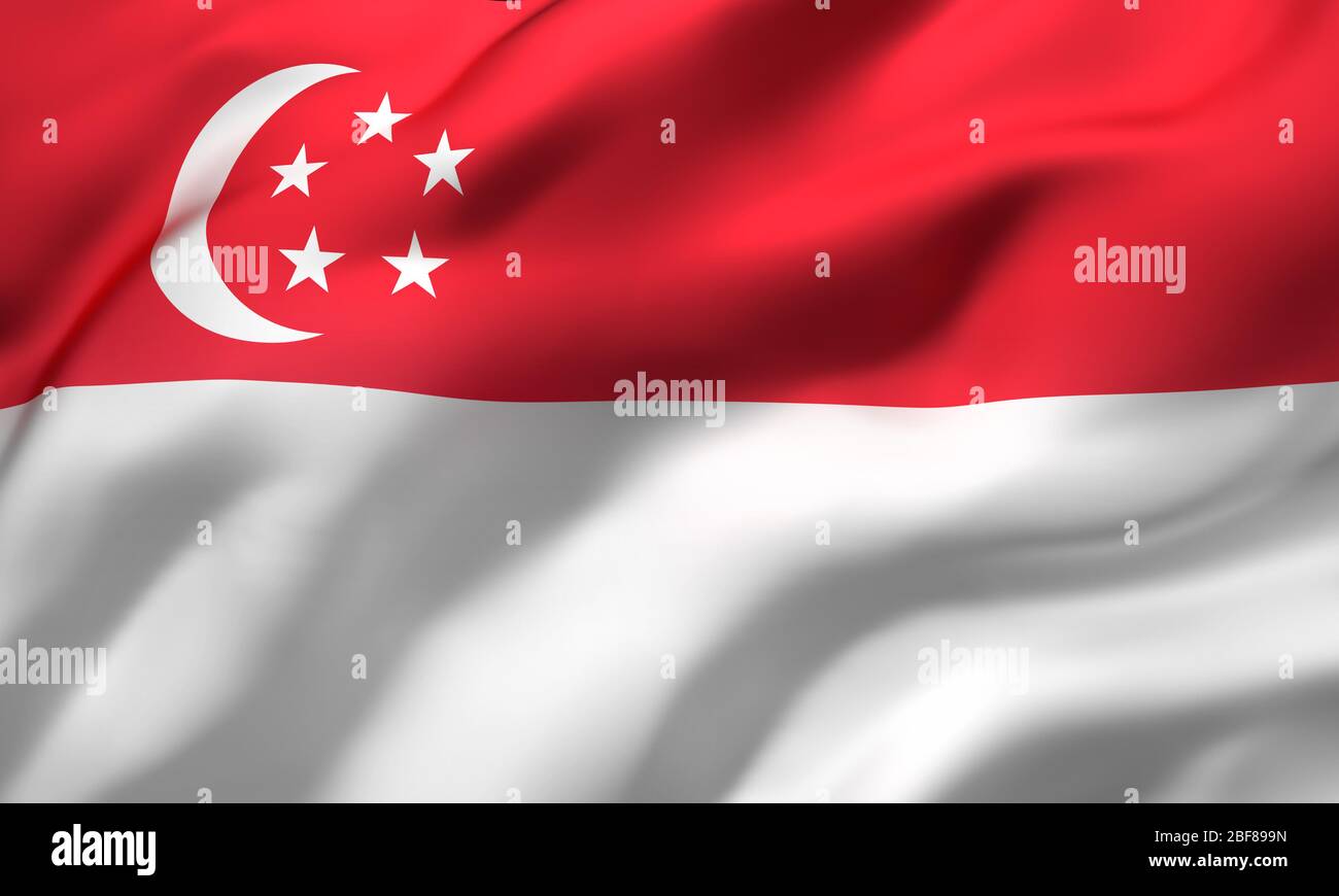 Bandiera di Singapore soffia nel vento. Bandiera di Singapore a pagina intera. Illustrazione 3D. Foto Stock