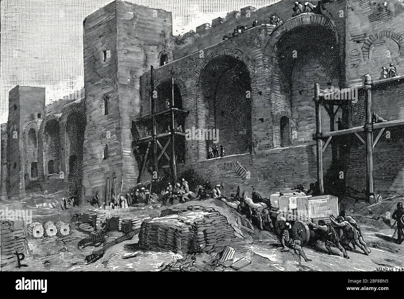 La construction du mur d'Aurelien, encinte fortifiee antique protegeant la ville de Rome, en Italie, construite entre 271 et 282, sous le regne des e Foto Stock